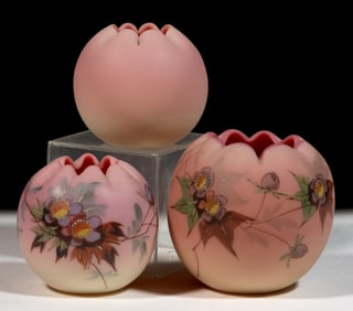 WEBB BURMESE ENAMEL-DECORATED ART GLASS ROSE BOWLS, LOT OF THREE