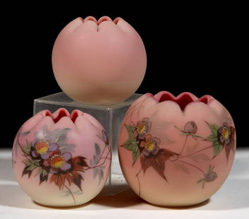 WEBB BURMESE ENAMEL-DECORATED ART GLASS ROSE BOWLS, LOT OF THREE: WEBB BURMESE ENAMEL-DECORATED ART GLASS ROSE BOWLS, LOT OF THREE, plush Burmese (reacts under black light), one undecorated and two with hand-painted polychrome-enamel floral Prunus or Hawthorn Design