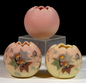 WEBB BURMESE ENAMEL-DECORATED ART GLASS ROSE BOWLS, LOT OF THREE