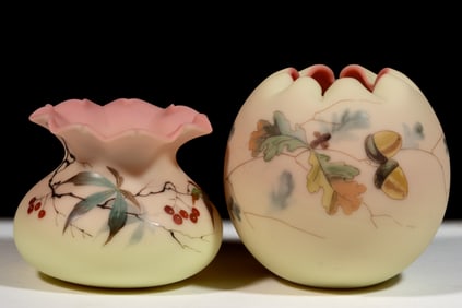 WEBB BURMESE ENAMEL-DECORATED ART GLASS BOWLS / VASES, LOT OF TWO