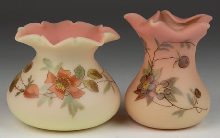 SIGNED WEBB BURMESE ENAMEL-DECORATED ART GLASS CABINET VASES, LOT OF TWO