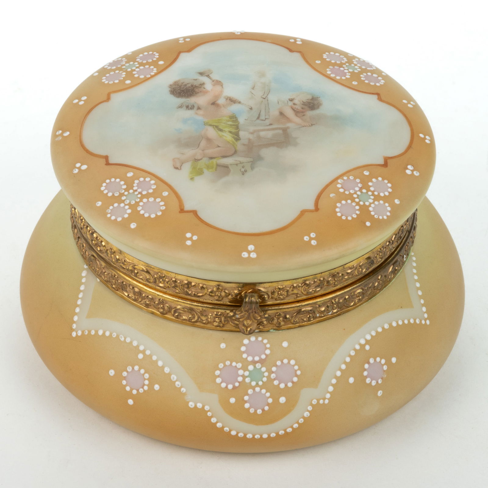 WAVE CREST "NAKARA" ENAMEL-DECORATED CHERUBS ART GLASS JEWEL / DRESSER BOX (1 of 1)