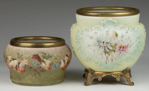 WAVE CREST ENAMEL-DECORATED ART GLASS JARDINIERES / FERNERS, LOT OF TWO: WAVE CREST ENAMEL-DECORATED ART GLASS JARDINIERES / FERNERS, LOT OF TWO, satin-finished opaque white with polychrome-enamel hand-painted floral decoration, comprising a mint-green scroll-embossed exam