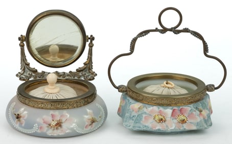WAVE CREST ENAMEL-DECORATED ART GLASS PUFF BOXES / VANITY ARTICLES, LOT OF TWO