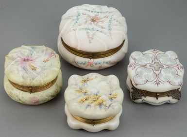 WAVE CREST ENAMEL-DECORATED ART GLASS JEWEL / DRESSER BOXES, LOT OF FOUR