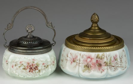 WAVE CREST ENAMEL-DECORATED ART GLASS JEWEL / DRESSER BOXES, LOT OF FOUR