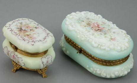WAVE CREST ENAMEL-DECORATED ART GLASS JEWEL / DRESSER BOXES, LOT OF TWO