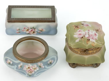 WAVE CREST ENAMEL-DECORATED ART GLASS DRESSER BOXES / VANITY ARTICLES, LOT OF THREE