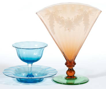 STEUBEN ART GLASS TABLE ARTICLES, LOT OF TWO: STEUBEN ART GLASS TABLE ARTICLES, LOT OF TWO, comprising a Panel-Optic shape no. 6297 fan vase with wreath-engraved Rosa bowl and stem on a Pomona Green foot, and a Panel-Optic shape no. 2680 sherbet
