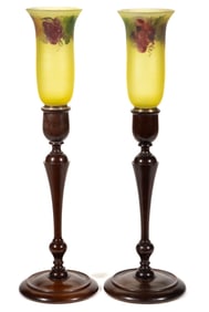 PAIR OF PAIRPOINT "AMBERO" REVERSE-PAINTED ART GLASS HURRICANE SHADE CANDLE LAMPS