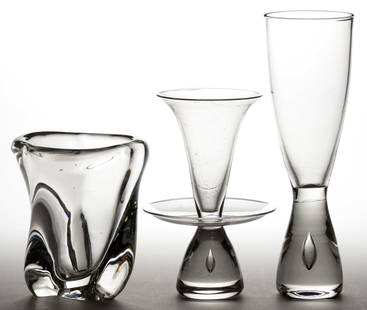 GUNDERSEN / PAIRPOINT CRYSTAL ART GLASS VASES, LOT OF THREE: GUNDERSEN / PAIRPOINT CRYSTAL ART GLASS VASES, LOT OF THREE, colorless, comprising a shape no. 7803 "twist vase", a tall centerpiece vase with thick sloping conical teared base (of the style described