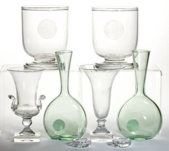 GUNDERSEN / PAIRPOINT ART GLASS VASES / TABLE ARTICLES, LOT OF EIGHT: GUNDERSEN / PAIRPOINT ART GLASS VASES / TABLE ARTICLES, LOT OF EIGHT, colorless and greenish-aquamarine, comprising a square-footed urn-form trophy vase with applied handles, a square-footed trumpet v