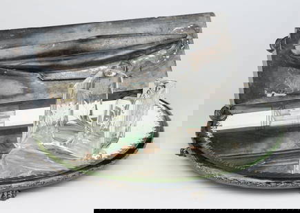 PAIRPOINT DESK AND DRESSER ACCESSORIES, LOT OF THREE: PAIRPOINT DESK AND DRESSER ACCESSORIES, LOT OF THREE, comprising a rectangular silver-plated metal box raised on four bun feet with a lid having molded half-hull ship model on top; a circular paw-foot