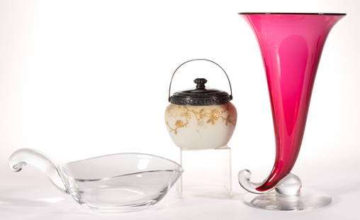 ASSORTED ART GLASS ARTICLES, LOT OF THREE: ASSORTED ART GLASS ARTICLES, LOT OF THREE, comprising a Pairpoint cased cranberry cornucopia vase, a Steuben crystal handled bowl, and a Mt. Washington decorated opal sugar bowl with a silver-plate mo