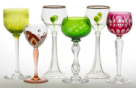 ASSORTED EUROPEAN ART NOUVEAU GLASS GOBLETS / DRINKING GLASSES, LOT OF SIX