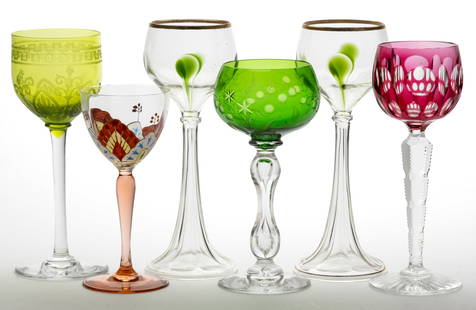 ASSORTED EUROPEAN ART NOUVEAU GLASS GOBLETS / DRINKING GLASSES, LOT OF SIX: ASSORTED EUROPEAN ART NOUVEAU GLASS GOBLETS / DRINKING GLASSES, LOT OF SIX, various colors, including a cranberry-to-colorless cut-overlay example with heavy notch-cut colorless paneled stem, a pink e