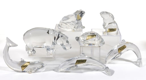 BACCARAT CRYSTAL ART GLASS ANIMAL FIGURINES / PAPERWEIGHTS, LOT OF SEVEN