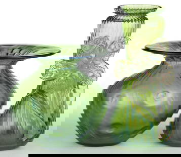 ASSORTED BOHEMIAN IRIDESCENT ART GLASS VASES, LOT OF TWO: ASSORTED BOHEMIAN IRIDESCENT ART GLASS VASES, LOT OF TWO, comprising a green iridescent Loetz Rusticana with polished pontil mark and a green iridescent Loetz-type ribbed vase with colorless applied f