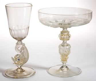MURANO / VENETIAN AVENTURINE-DECORATED FIGURAL-STEM GLASS AND COMPOTE, LOT OF TWO