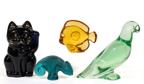 BACCARAT AND LALIQUE ART GLASS ANIMAL FIGURES, LOT OF FOUR