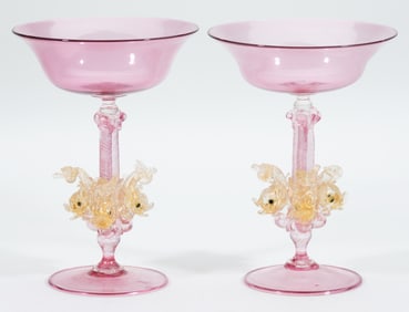 PAIR OF MURANO / VENETIAN ART GLASS FIGURAL DOLPHIN-STEM COMPOTES / TAZZAS