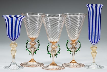 ASSORTED MURANO / VENETIAN ART GLASS GOBLETS / DRINKING GLASSES, LOT OF FIVE