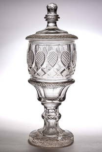 BOHEMIAN CUT GLASS LARGE-SIZED COVERED GOBLET / POKAL: BOHEMIAN CUT GLASS LARGE-SIZED COVERED GOBLET / POKAL, colorless glass, deep round bucket bowl with cut panels each containing a pointed oval with sharp diamond cutting to its surface (except one oval