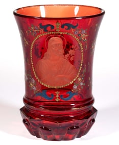 BOHEMIAN CUT, ENGRAVED, AND STAINED "JESUS" DECORATED GLASS BEAKER