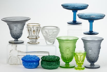 ASSORTED MOSTLY EUROPEAN PRESSED GLASS ARTICLES, LOT OF 11