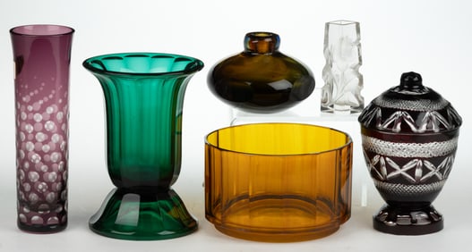 ASSORTED CZECH / BOHEMIAN ART DECO AND ART NOUVEAU STYLE GLASS ARTICLES, LOT OF SIX