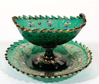 MOSER ATTRIBUTED ENAMEL DECORATED OPEN SALT AND UNDERTRAY, LOT OF TWO
