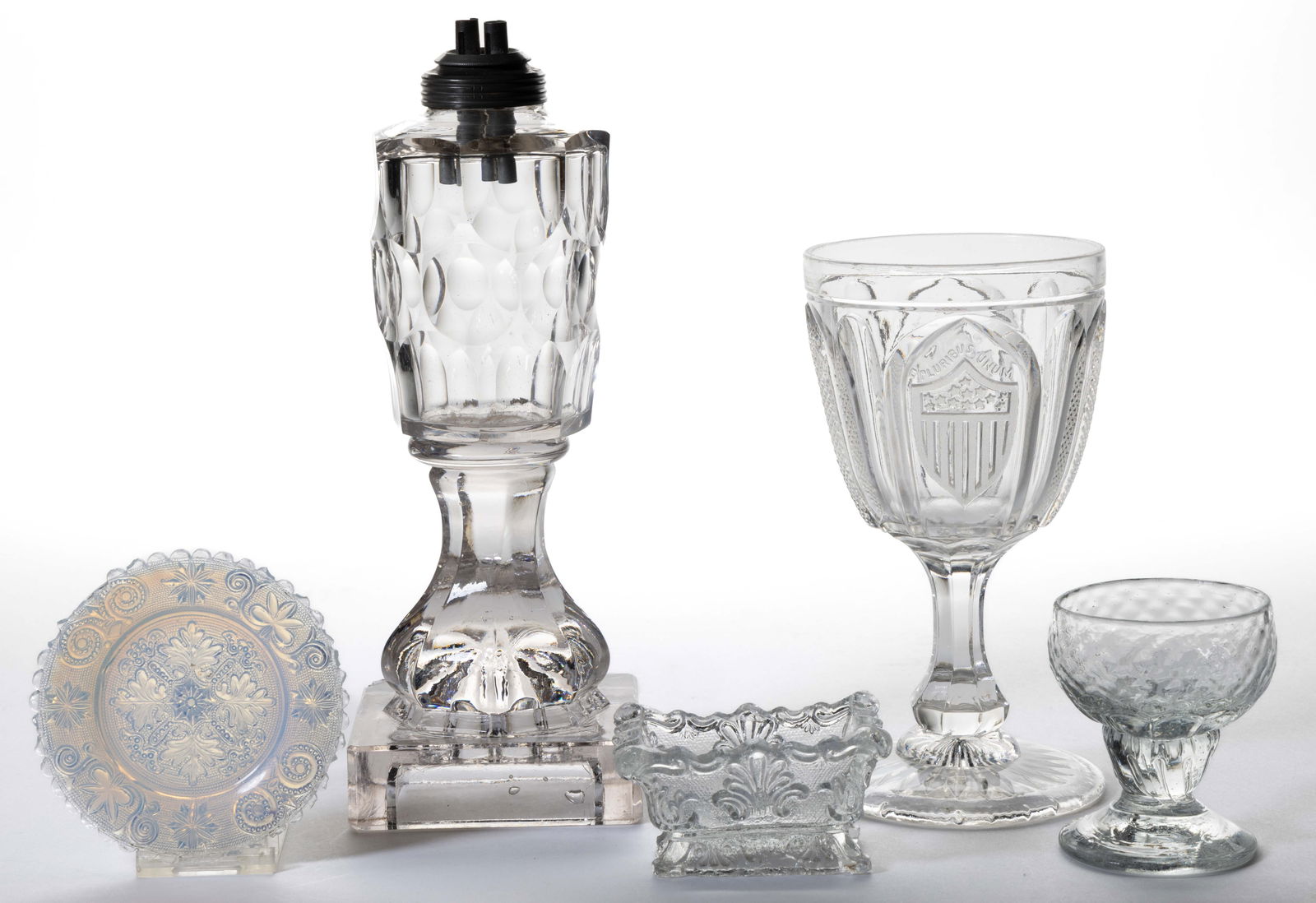 ASSORTED EARLY GLASS ARTICLES, LOT OF FIVE: ASSORTED EARLY GLASS ARTICLES, LOT OF FIVE, comprising a whale oil lamp having a punty-cut font on a pressed "Rose" base, with original pewter collar and double-tube burner; a Magnet and Grape with Am