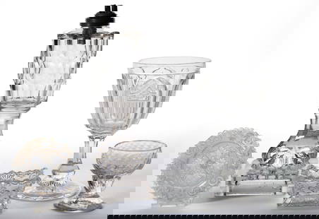 ASSORTED EARLY GLASS ARTICLES, LOT OF FIVE: ASSORTED EARLY GLASS ARTICLES, LOT OF FIVE, comprising a whale oil lamp having a punty-cut font on a pressed "Rose" base, with original pewter collar and double-tube burner; a Magnet and Grape with Am