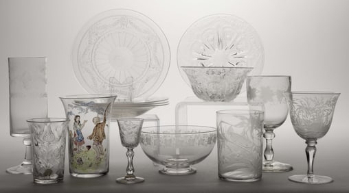ASSORTED CUT / ETCHED GLASS ARTICLES, LOT OF 14