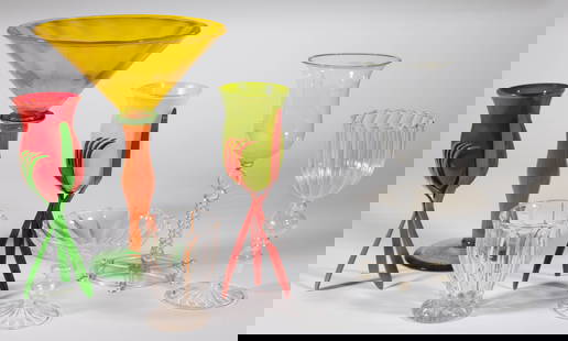 CONTEMPORARY / STUDIO GLASS DRINKING VESSELS, LOT OF SEVEN: CONTEMPORARY / STUDIO GLASS DRINKING VESSELS, LOT OF SEVEN, including a Reijmyre Glassworks oversized martini glass, a nautical goblet raised on a twisted stem decorated with a frosted sailing scene,