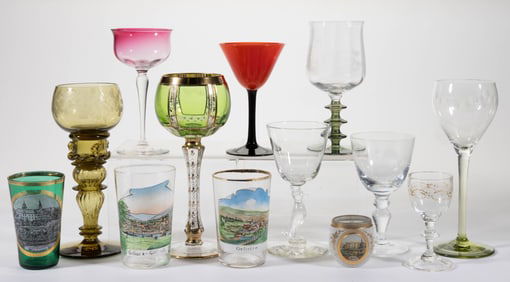 ASSORTED ANTIQUE / VINTAGE GLASS DRINKING VESSELS, LOT OF 13