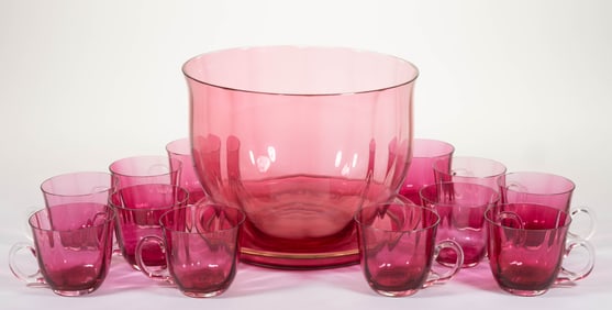 VICTORIAN CRANBERRY PANEL-OPTIC 14-PIECE PUNCH SET