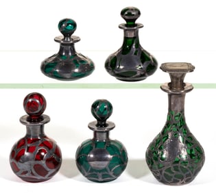 ASSORTED SILVER-OVERLAY COLORED GLASS PERFUME BOTTLES, LOT OF FIVE