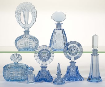 ASSORTED CZECHOSLOVAKIAN CUT AND PRESSED PERFUME BOTTLES / BOXES, LOT OF EIGHT