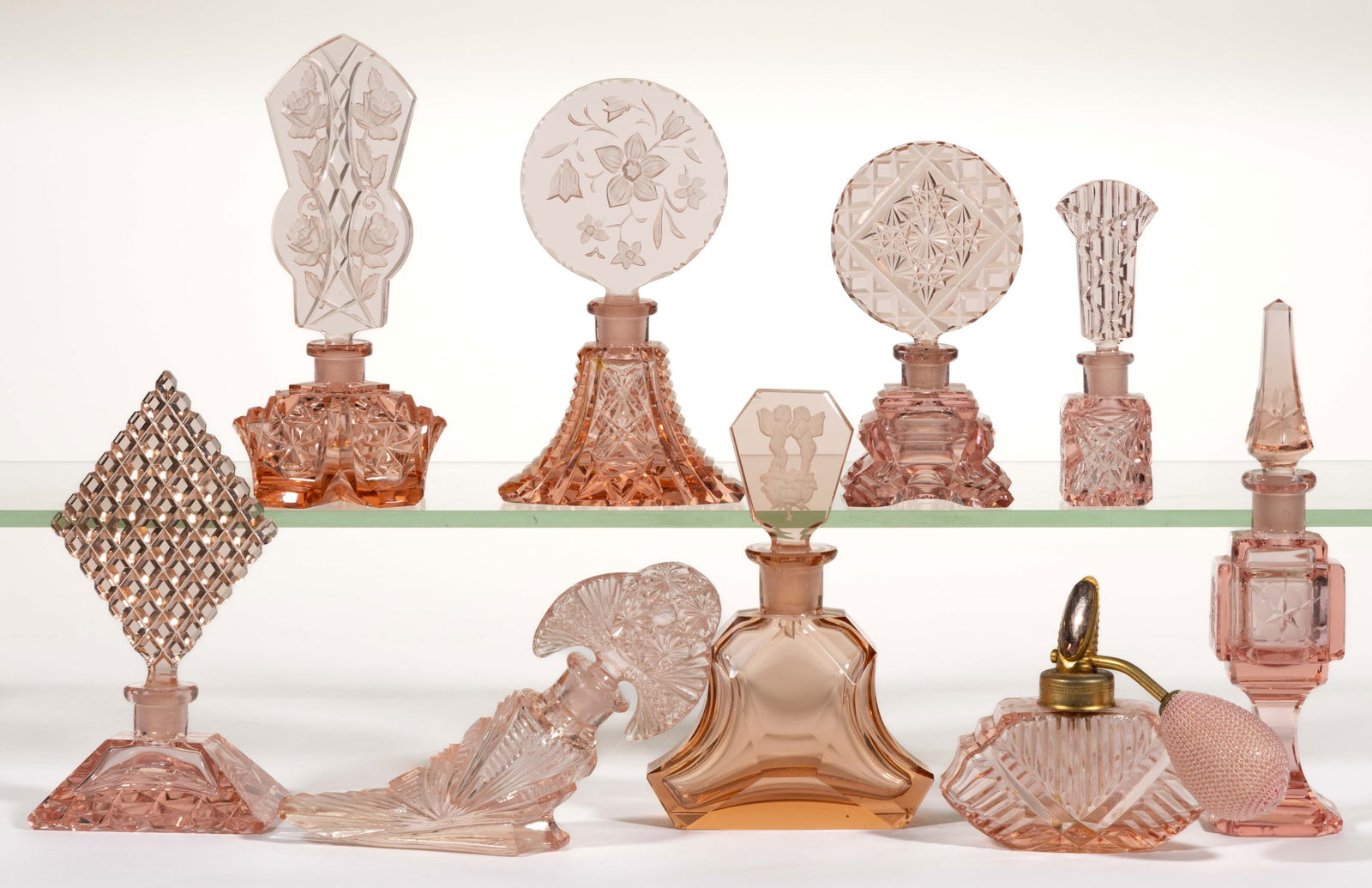 ASSORTED CZECHOSLOVAKIAN CUT AND PRESSED PERFUME BOTTLES, LOT OF NINE (1 of 1)