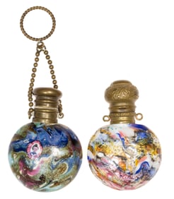 MURANO AVENTURINE DECORATED ART GLASS PERFUME / SCENT BOTTLES, LOT OF TWO