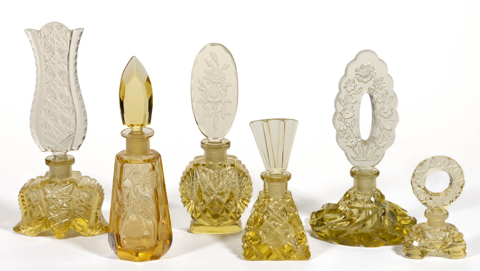 ASSORTED CZECHOSLOVAKIAN CUT AND PRESSED PERFUME BOTTLES, LOT OF SIX (1 of 1)
