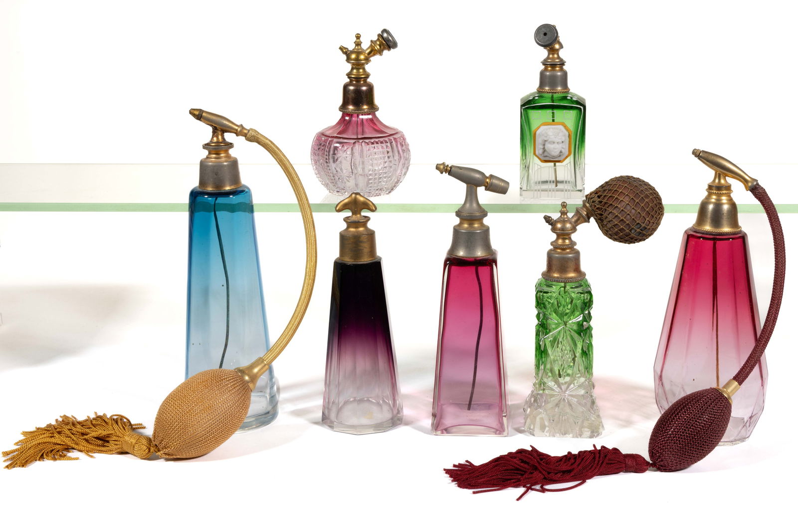 ASSORTED FRENCH AND OTHER CUT AND POLISHED GLASS ATOMIZERS AND PERFUME BOTTLES, LOT OF SEVEN (1 of 1)