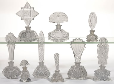 ASSORTED CZECHOSLOVAKIAN CUT AND PRESSED PERFUME BOTTLES, LOT OF NINE