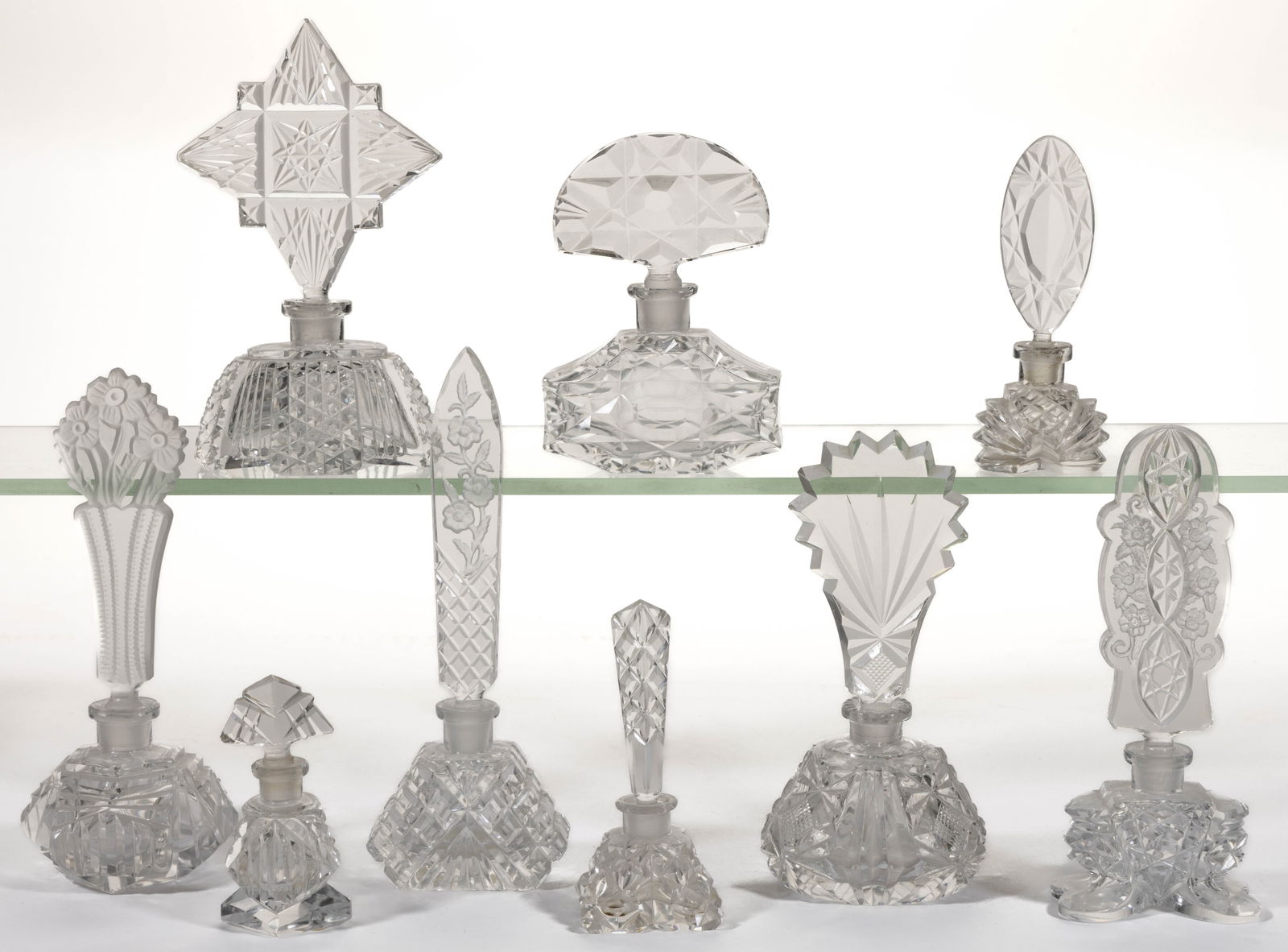 ASSORTED CZECHOSLOVAKIAN CUT AND PRESSED PERFUME BOTTLES, LOT OF NINE (1 of 1)