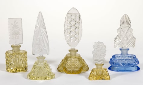 ASSORTED CZECHOSLOVAKIAN CUT AND PRESSED PERFUME BOTTLES, LOT OF FIVE