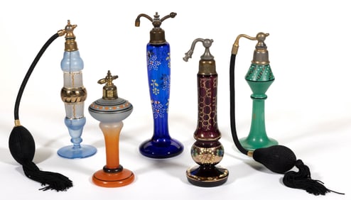 ASSORTED CZECHOSLOVAKIAN DECORATED GLASS ATOMIZERS, LOT OF FIVE