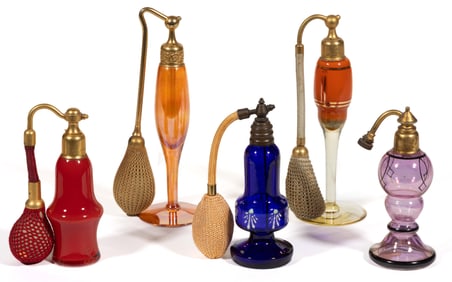 ASSORTED FRENCH, CZECHOSLOVAKIAN, AND OTHER GLASS ATOMIZERS, LOT OF FIVE