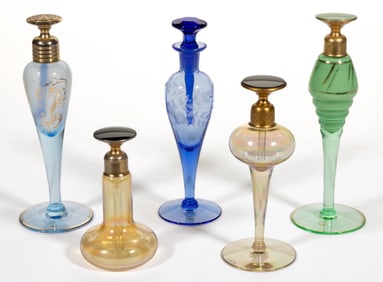 ASSORTED DEVILBISS AND OTHER GLASS PERFUME BOTTLES, LOT OF FIVE