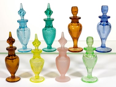 ASSORTED DEPRESSION-ERA PRESSED GLASS PERFUME BOTTLES, LOT OF EIGHT